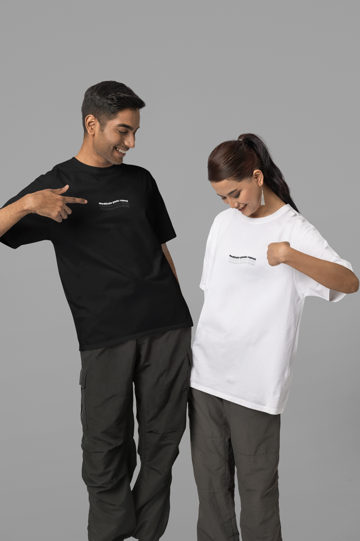 MEDITATE, PANIC, REPEAT - Black Unisex Oversized Standard T-Shirt